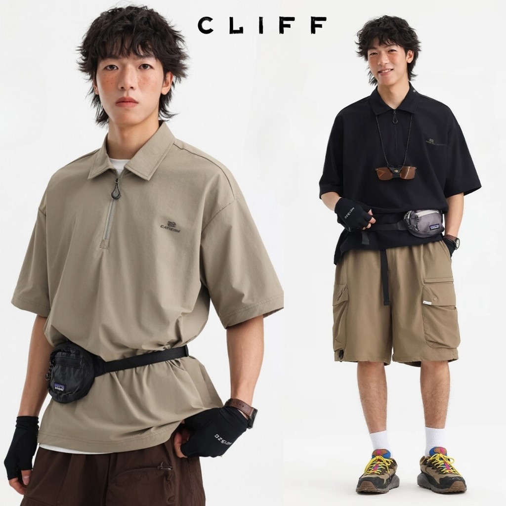 CLIFF เสื้อโปโลผู้ชาย เสื้อยืดแขนสั้น ซิปครึ่ง พิมพ์ลายแฟชั่น ไอซ์ซิลซ์แห้งเร็ว แฟชั่นเรียบง่าย