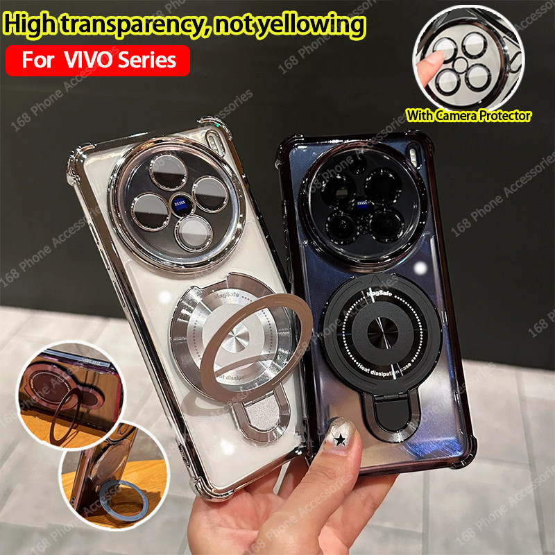เคส Vivo X200 Pro Vivo X200 FE เคส Vivo X200 5G ใสเยลลี่นุ่มกันกระแทกพร้อมแม่เหล็กที่วางโทรศัพท์ขาตั้งฝาครอบเลนส์ป้องกันเลนส์หนาถุงลมนิรภัยสไตล์ธุรกิจที่เรียบง่าย