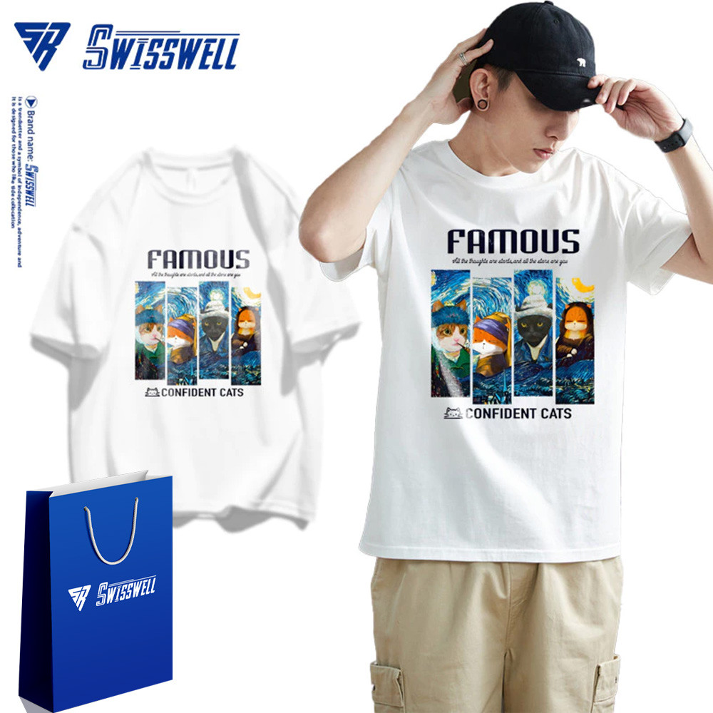 Swisswell เสื้อยืดคอกลมสีดำผู้ชาย Oversize ผ้าฝ้าย100%ทั้งชายหญิง T shirt ลายการ์ตูน ใส่สบาย คอกลม ทรงหลวม ระบายอากาศ