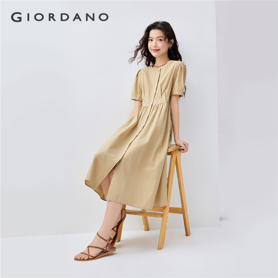 GIORDANO WOMEN 100% Cotton conceal placket pleated dress 05465326