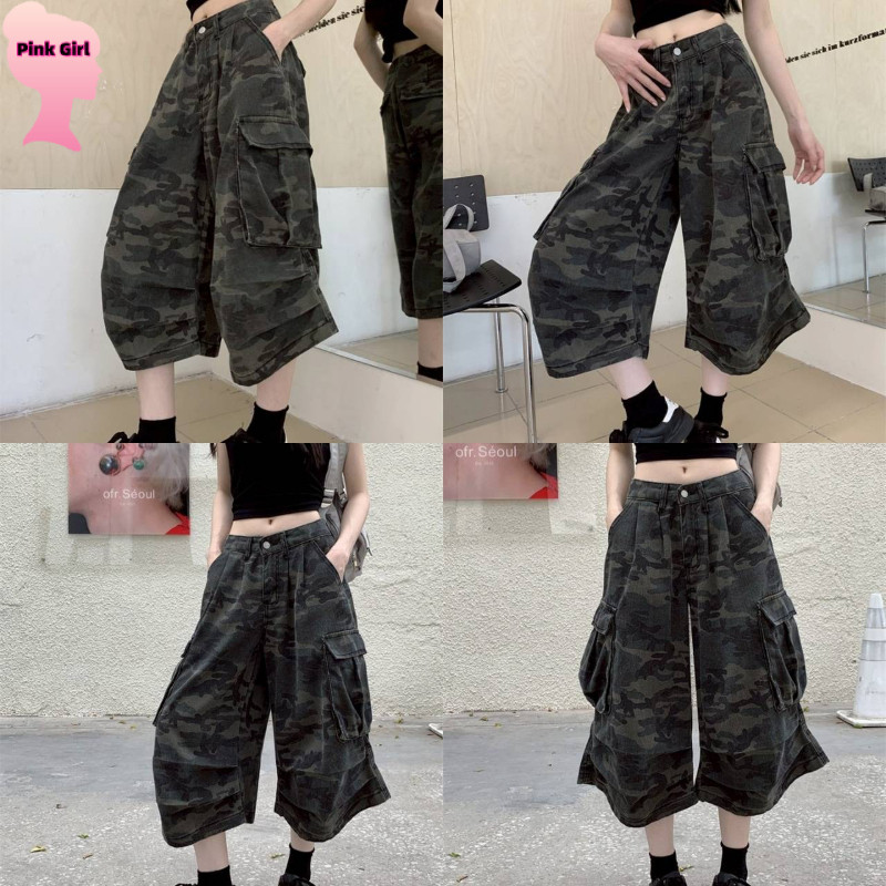 💋Pink girl💋​พร้อมส่ง กางเกงขาสั้น 4ส่วน ลายทหาร ทรงคาโก้' NZ1870