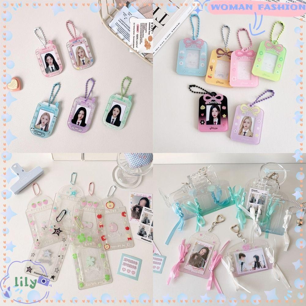 Lily 1 นิ้ว Photocard Holder, Bow Cartoon Bow อะคริลิค Hard Card Holder, พวงกุญแจอะคริลิค