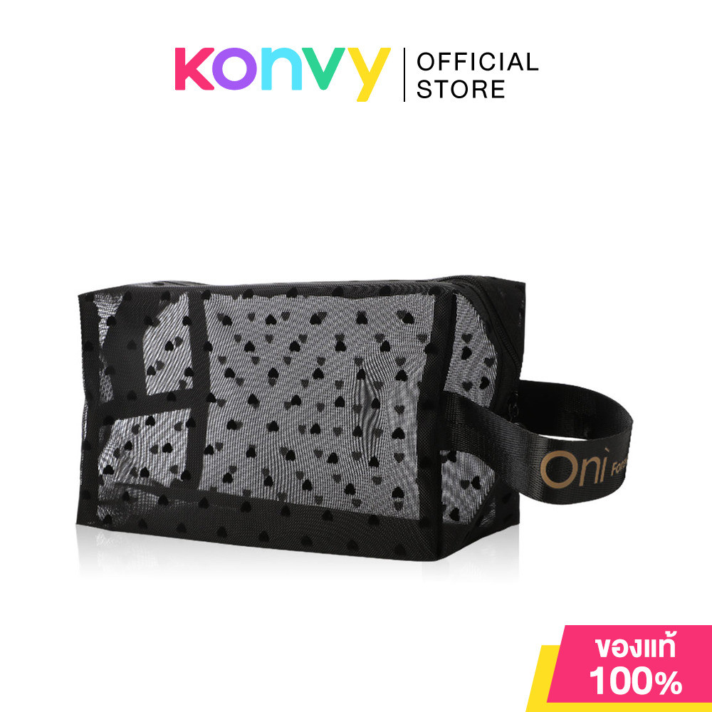 Oni Oversize Square Mesh Cosmetic Bag #Black Mesh Black Heart กระเป๋าเครื่องสำอางแบบตาข่ายโปร่งใส ทรงสี่เหลี่ยม สีดำ.