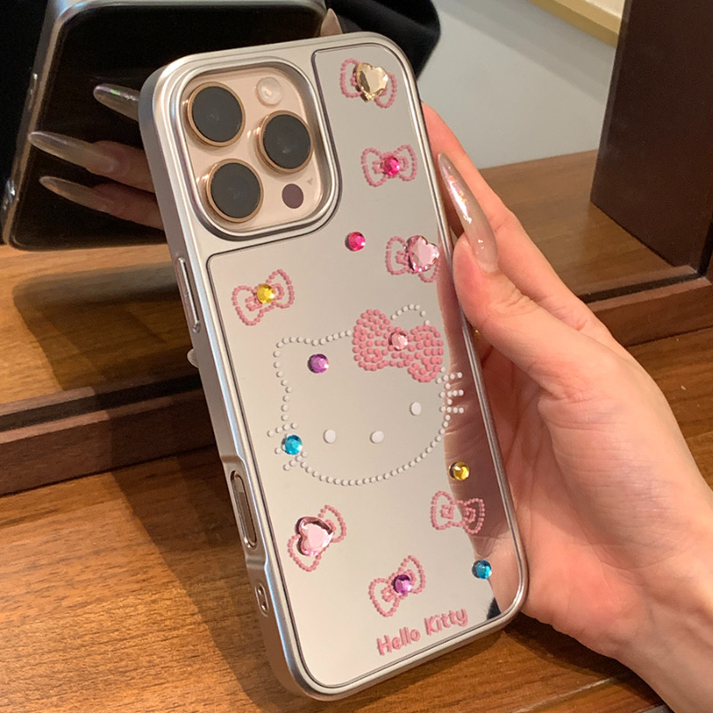 Huiwanju กระจกโบว์ลูกแมว DIY rhinestone สําหรับ iPhone16promax เคสโทรศัพท์มือถือ Apple 15pro สาวหัวใจ 14 ป้องกันการตก 13 เคสแข็งหญิงใหม่