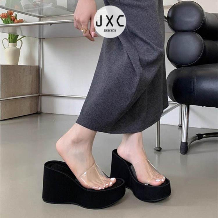 แฟชั ่ นเกาหลี Ulzzang รอบ Toe Super รองเท ้ าส ้ นสูงโปร ่ งใสเปิดนิ ้ วเท ้ ารองเท ้ าแตะ PU สีทึบแฟชั ่ นสุภาพสตรีความสูงฤดูร ้ อน All-Match วันหยุดพักผ ่ อน Sli