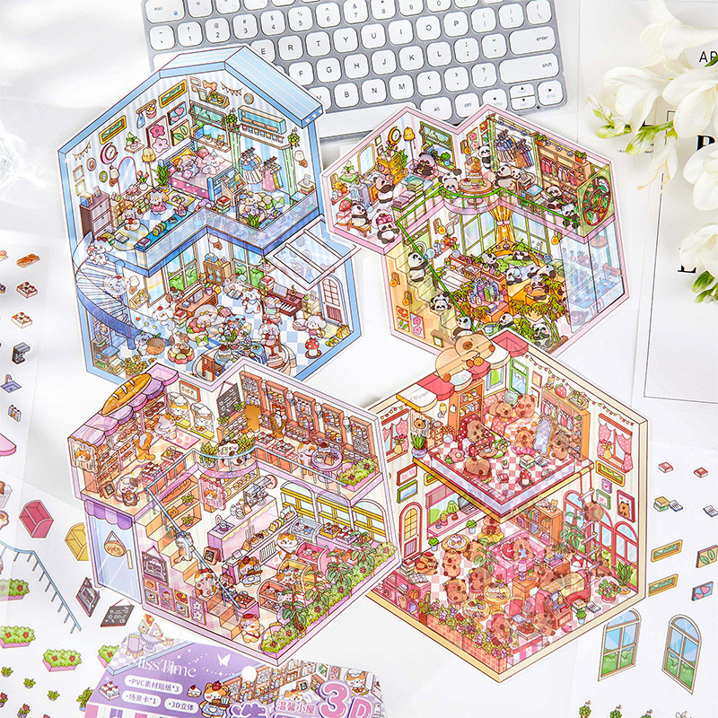 WEI 4 ชิ้น [Cozy Cottage Series] 3D Scenic สติกเกอร์กันน้ําสัตว์น่ารักเครื่องเขียนสติกเกอร์สําหรับสา