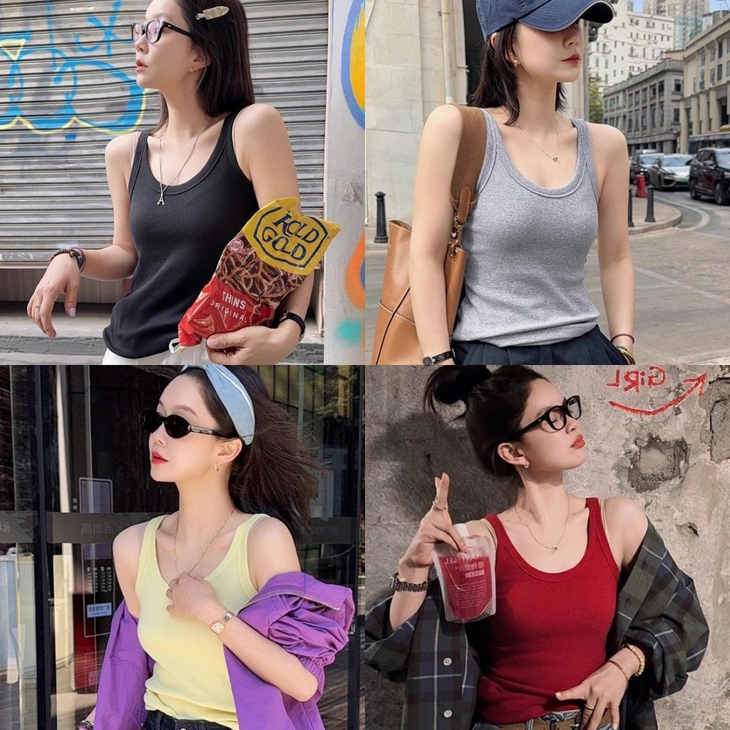 🍊Evelyn🍊เสื้อกล้าม สีพาสเทล มีฟองน้ำในตัว เข้ารูป เสื้อแขนกุด ผ้านิ่ม ใส่สบาย สไตล์ลำลอง พร้อมส่ง#FY10107
