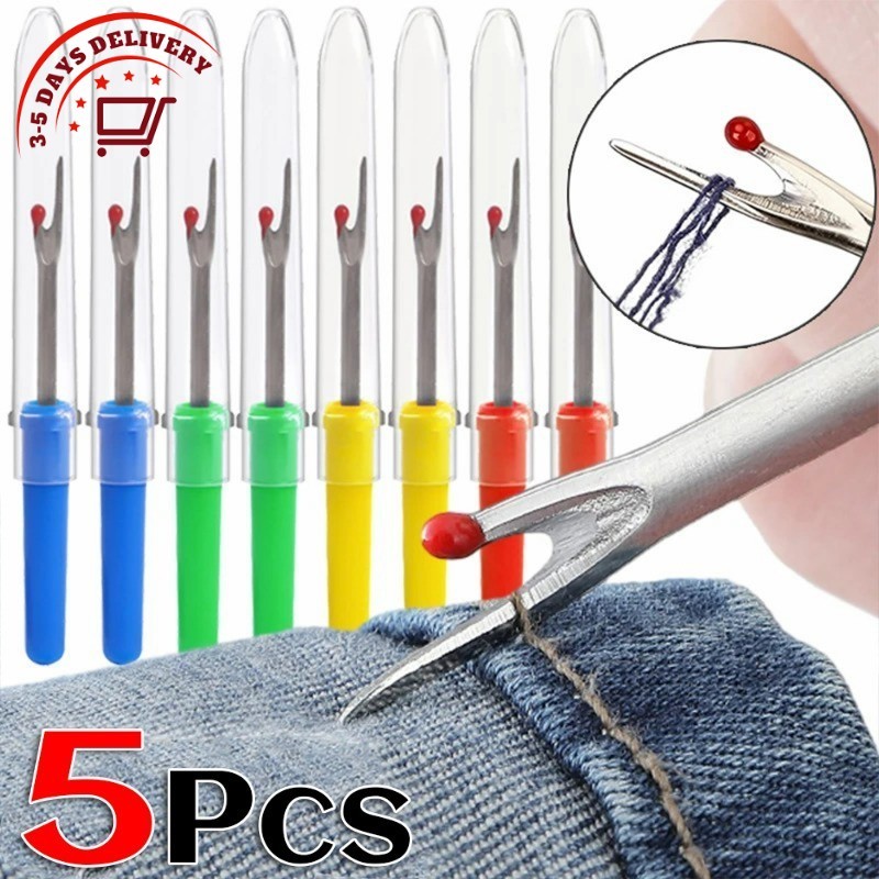 Professional Seam Ripper 5 ชิ้นชุด - เครื่องตัดด้ายตามหลักสรีระศาสตร์พร้อมฝาครอบนิรภัยสําหรับเย็บผ้า, Crafting, เย็บปักถักร้อย - ใบมีดสแตนเลส (สีสุ่ม)