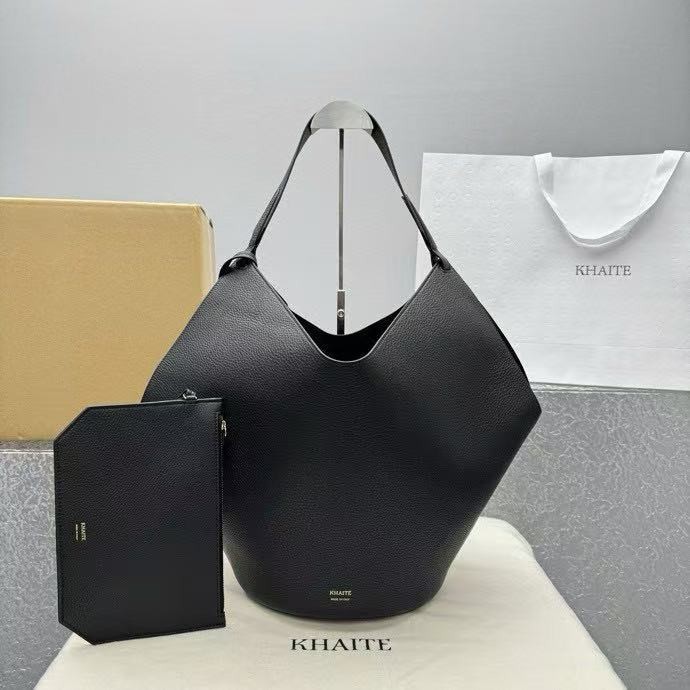 KHAITE Lotus Tote Open Mouth Single Shoulder Handbag Full Leather Black 4771