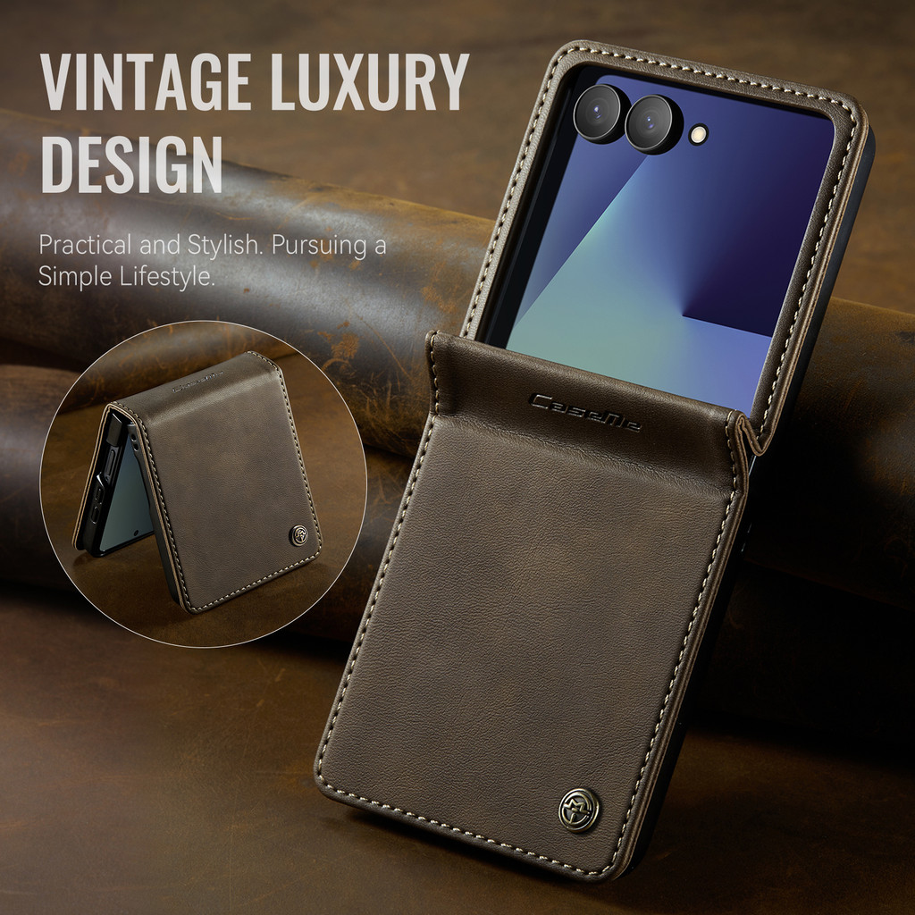 ซองหนังพลิกสําหรับ Samsung Galaxy Z Flip 7 Flip7 ZFlip7 5G Retro รูปแบบเคสโทรศัพท์กันกระแทกช่องเสียบการ์ดวงเล็บกรณีปกหลัง