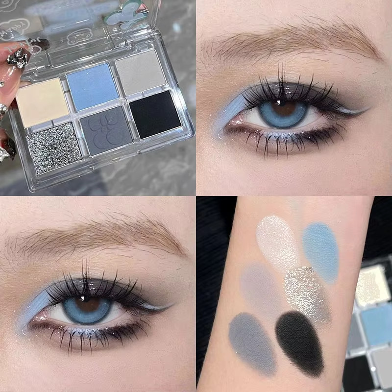 Matte Grey Blue Smoky Eye Shadow Palette 6 สี Glitter Silver อะคริลิคอายแชโดว์ Palette