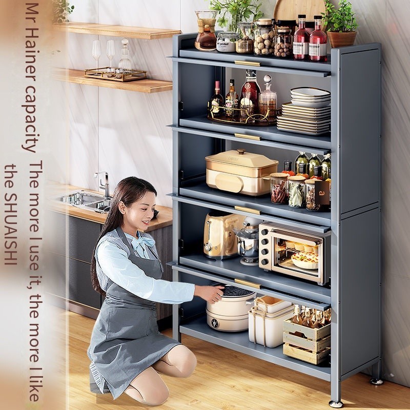 Kitchen racks floor-to-ceiling multi-layer lockers multi-function microwave cabinets pots and bowls 