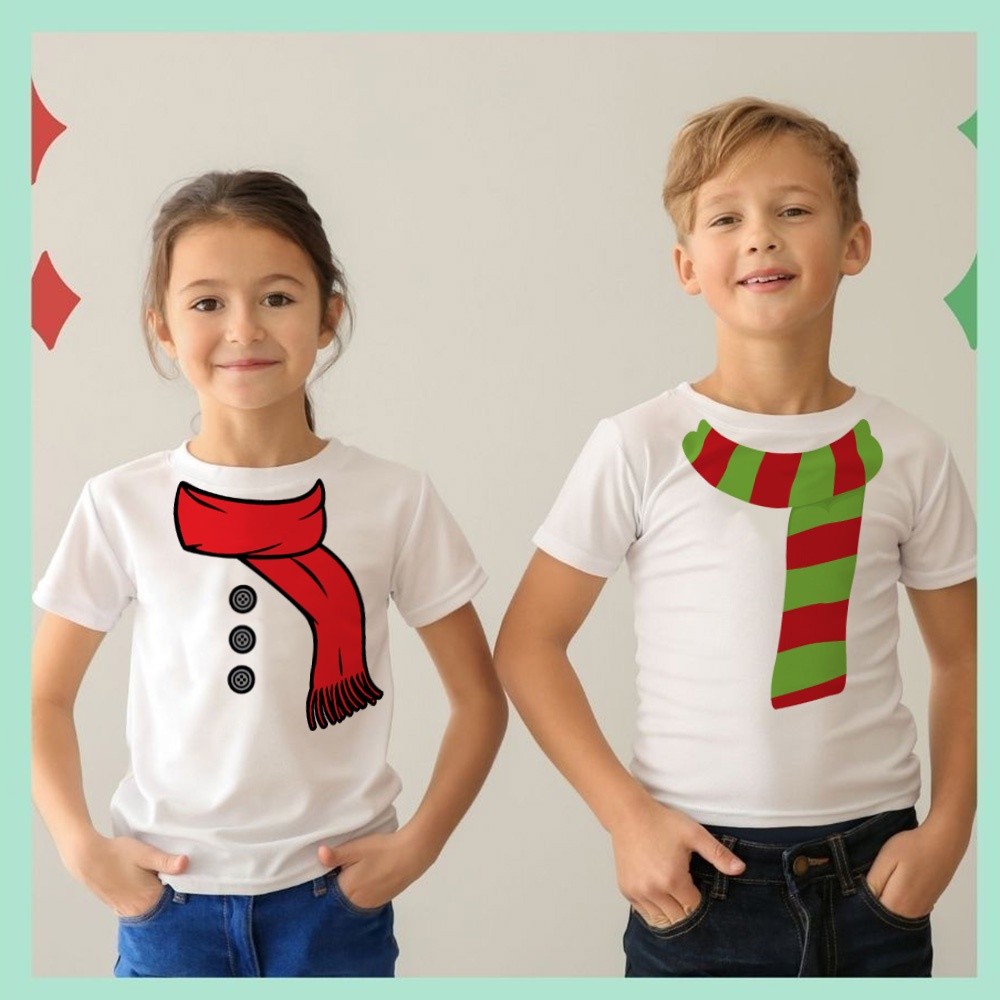 Christmas scarf fun print คริสต์มาสรูปแบบใหม่คอกลมผ้าฝ้ายแขนสั้นสำหรับเด็ก(100-150CM) boy T-shirts เสื้อยืดพิมพ์คุณภาพ