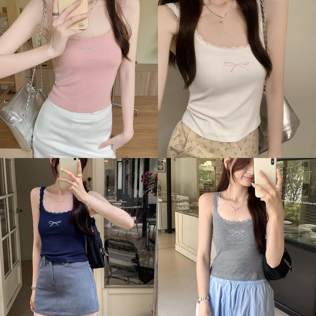 Evelyn ​เสื้อสายเดี่ยว มีฟองน้ำ สีพื้น ดีเทลขอบลูกไม้ เข้ารูป เซ็กซี่ ใส่สบาย ติดเพชรลายโบว์ ใส่สบาย#FY2093