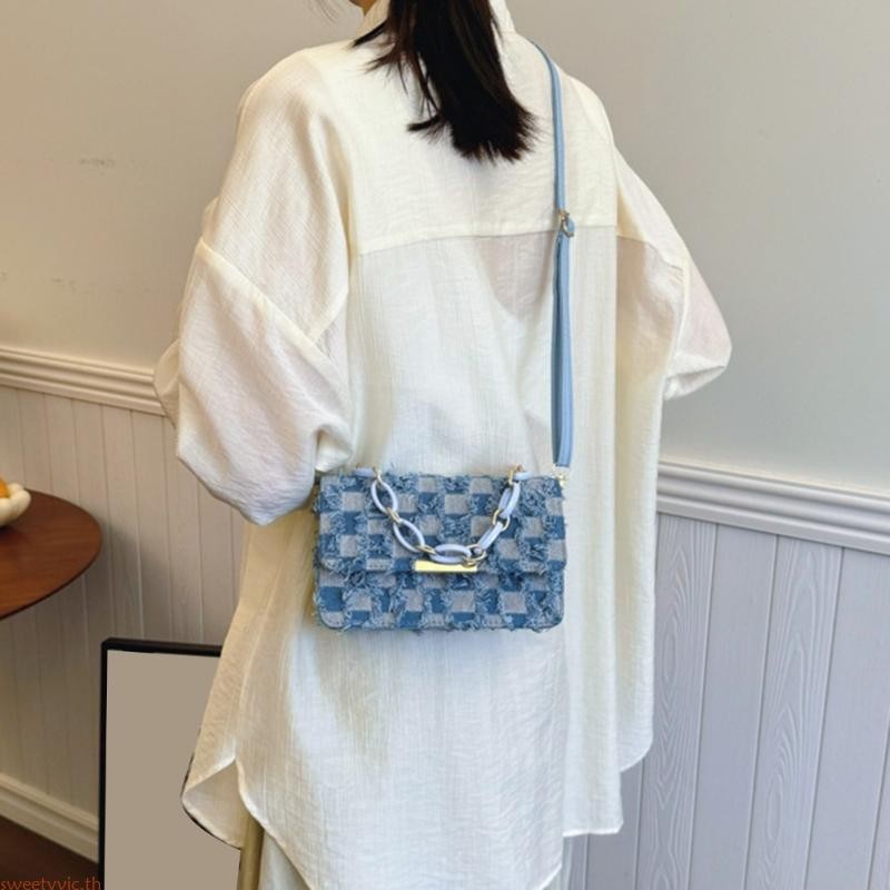 Sweetyvic Checkered กางเกงยีนส์ Flap กระเป๋าสะพายกระเป๋าถือโซ่ปรับสายรัด Denims Tassels กระเป๋าสะพายข้างสําหรับ