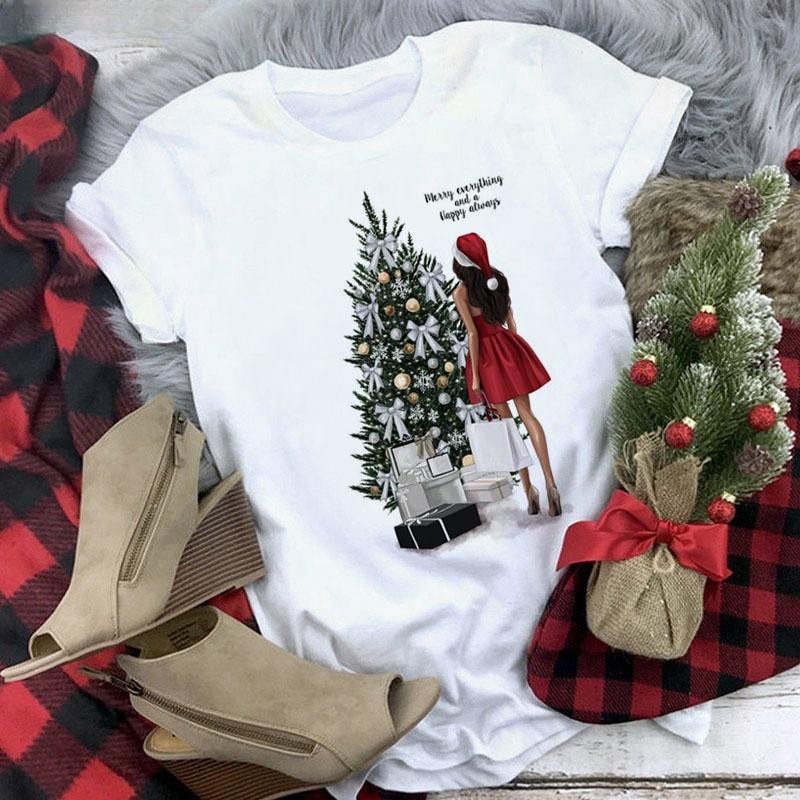 【ส่งจากไทย】เสื้อยืดลําลอง พิมพ์ลาย Merry Christmas สีแดง เหมาะกับของขวัญคริสต์มาส สําหรับสตรี