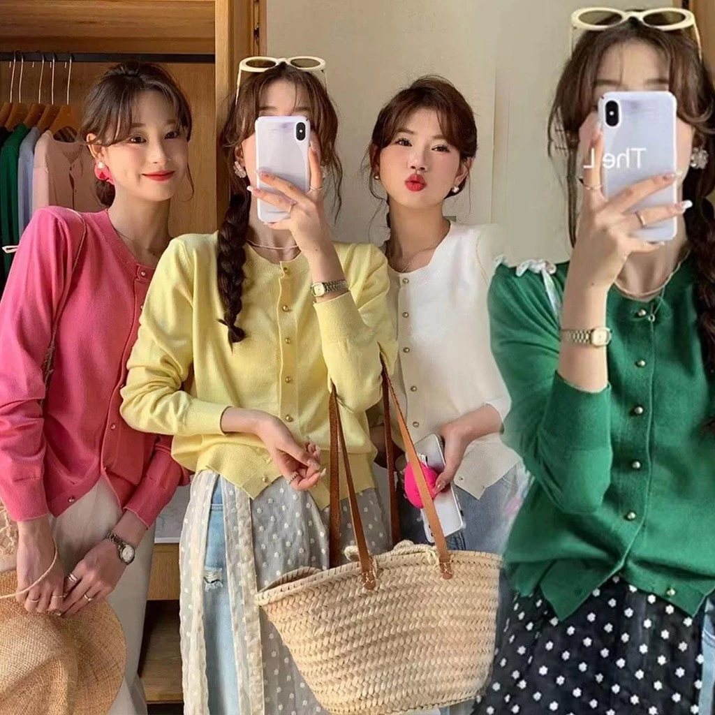 mimi&didi#เสื้อไหมพรมแฟชั่นแขนยาวปุ่มสีทองเล็ก ๆ เสื้อครอป สีเขียวสไตล์เกาหลีสไตล์เรียบง่ายและอ่อนโยน#X601