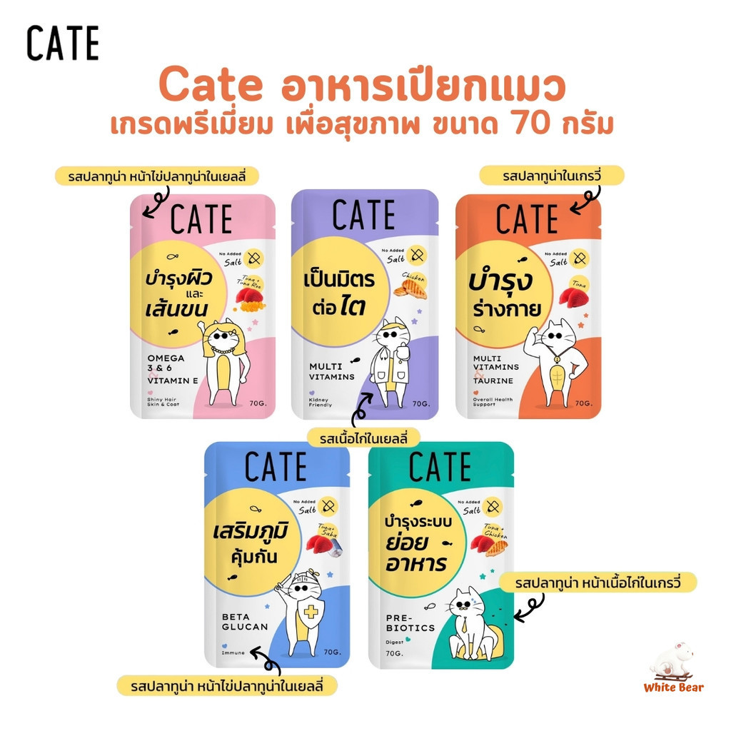 CATE เคท อาหารเปียกแมว เกรดฟรีเมี่ยม เพื่อสุขภาพ มี 5 สูตร ขนาด 70 กรัม