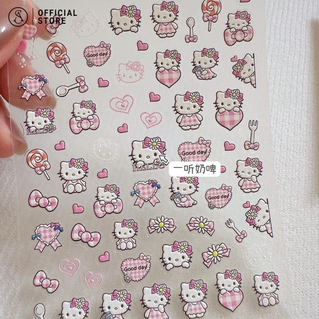 กระโปรงสีชมพู Hellokitty สติกเกอร์เล็บ 5D นูนแมว Hello Kitty คอมพิวเตอร์ถ้วยน้ําสติกเกอร์กล้อง