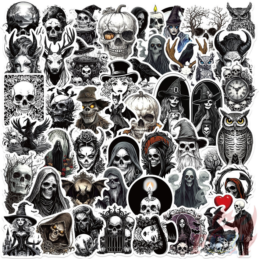 สติ๊กเกอร์ Black & White Gothic Skeleton Series 01 50 ชิ้น/เซ็ต DIY แฟชั่นสติ๊กเกอร์กันน้ํา Doodle สติ๊กเกอร์