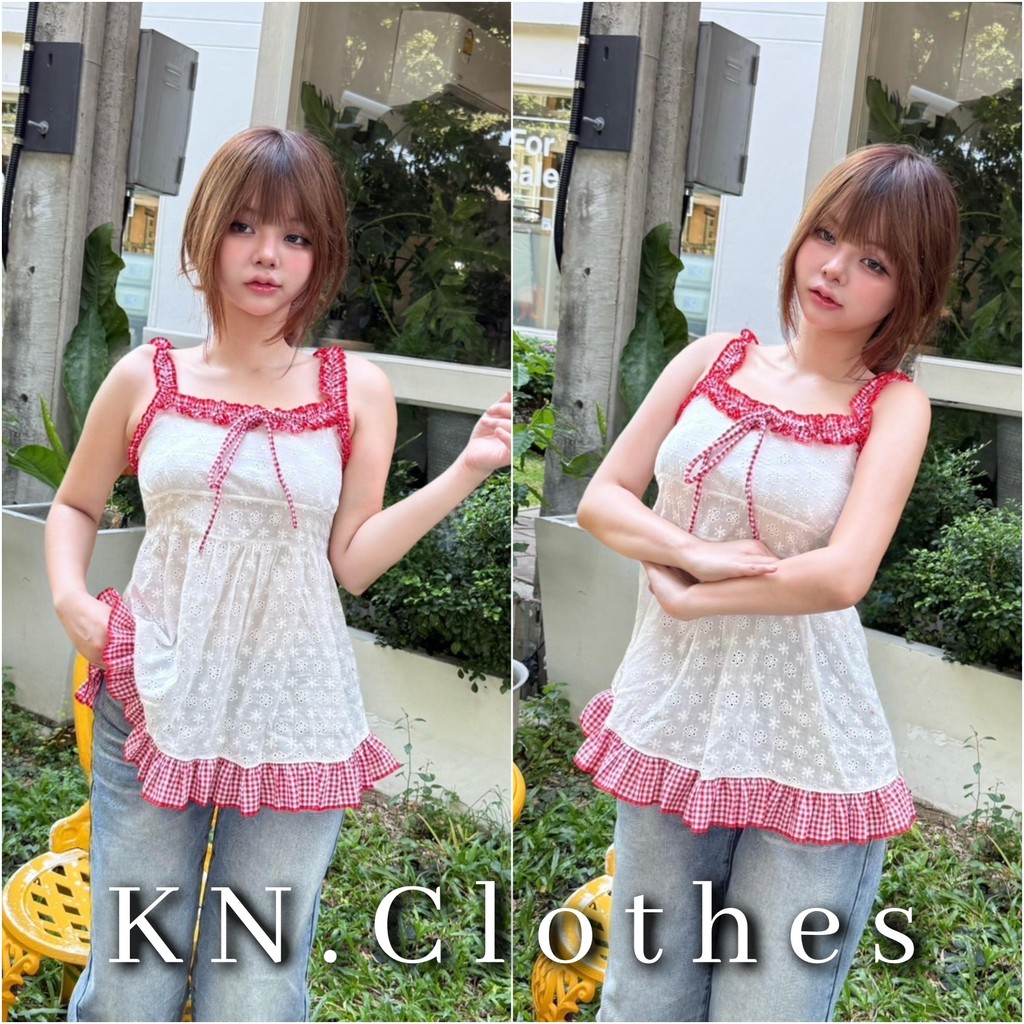 KN.Clothes เสื้อสายเดี่ยว ผ้าลูกไม้ปักฉลุ แต่งระบายลายสก็อต Nusa.Style