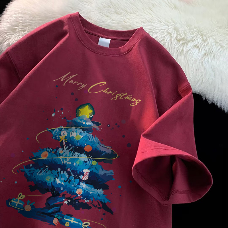 เสื้อ christmas Pofloret เสื้อยืดแดง oversize ผ้าฟอกวินเทจ เสื้อยืดการ์ตูนคริสต์มาส #I001279