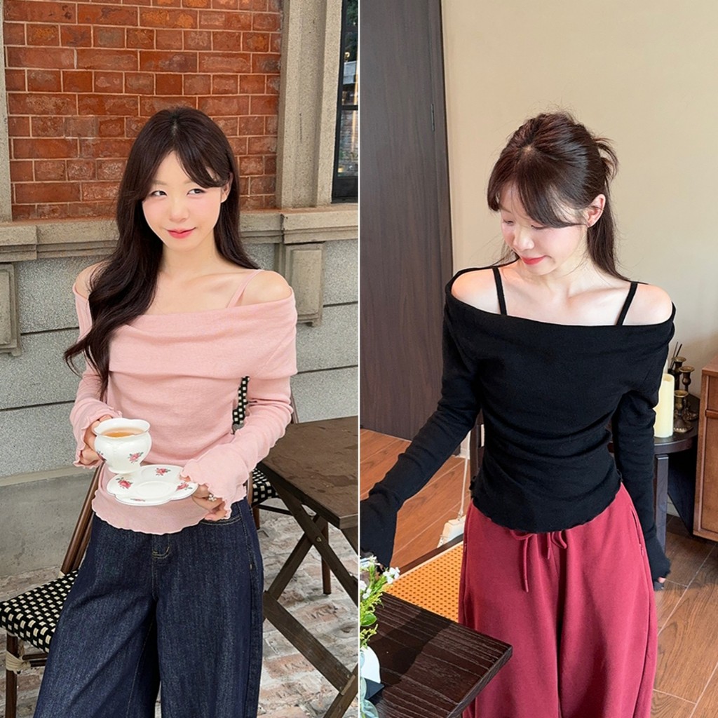 Hotgirl พร้อมส่ง✨เสื้อยืดแขนยาว เสื้อยืดปาดไหล่ผู้หญิง ดีไซน์เก๋ไก้และสายเดี่ยว เซ็กซี่ปิดไหล่ สไตล์อ่อนโยน