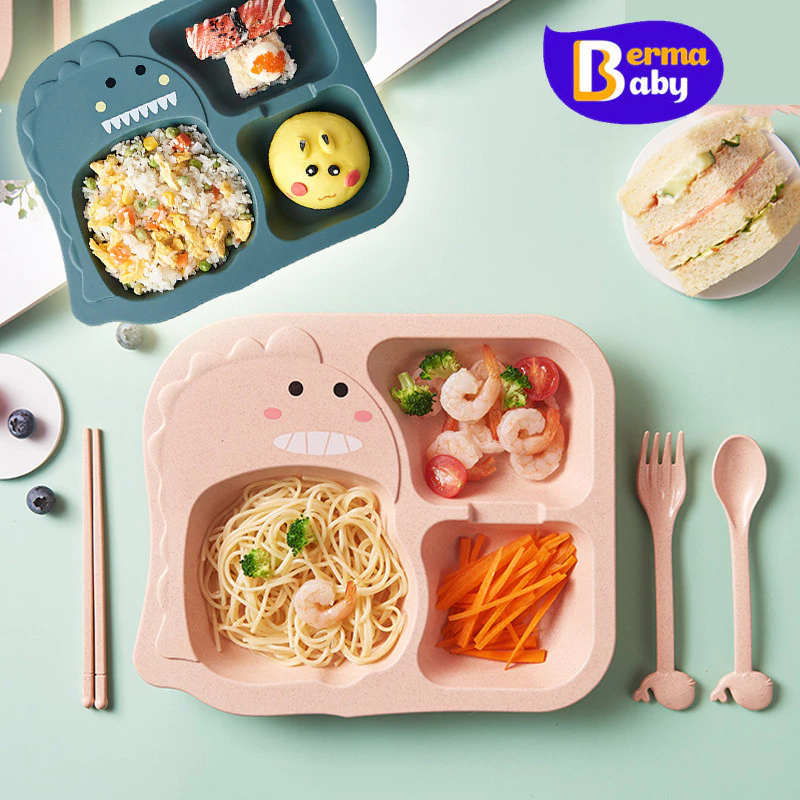 Berma Baby เซ็ตจานข้าวเด็ก ถาดหลุมเด็ก ชุดจานข้าวเด็ก ลายน่ารัก 6 ชิ้น จานอาหารเด็ก ช้อน