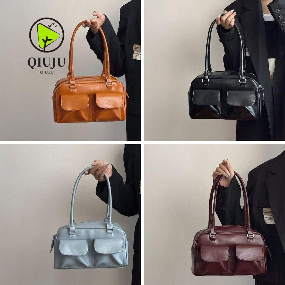 กระเป๋าสะพายข้าง QIJU, กระเป๋าใต้วงแขนหนัง PU สีทึบ, กระเป๋าคู่ความจุขนาดใหญ่สไตล์ย้อนยุค Satchel Hobo Bag