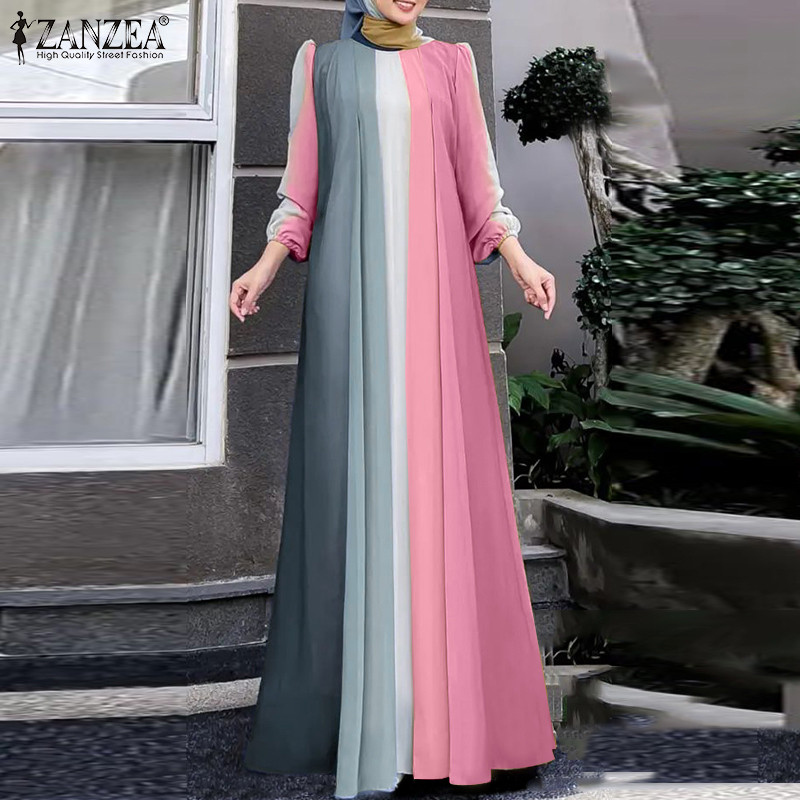 Zanzea ผู้หญิงมุสลิมลูกเรือคอ Contrast สีจีบแขนโคมไฟ Elasticized Cuffs Dresses