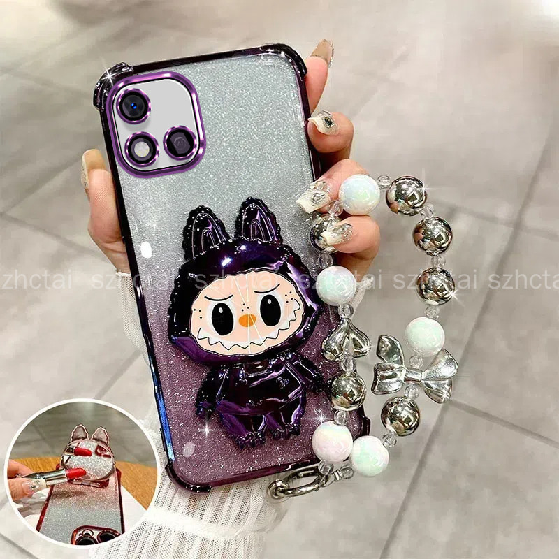 ปลอกสําหรับrealme C20 C11 2021 C11 2020 การ์ตูนLabubu Clear JellyกันกระแทกGlitterหรูหราพร้อมฝาครอบเลนส์กล้องmake-upกระจกที่วางโทรศัพท์ขาตั้งสร้อยข้อมือฝาครอบโทรศัพท์