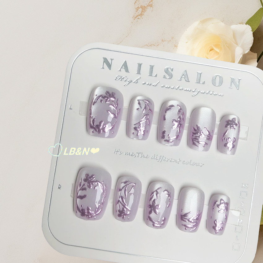 [LB&N❤] Romantic Purple Floral Famed เล็บปลอมพร้อมการออกแบบ 3D Leaves Cat Eye Fairy กดบนเล็บ