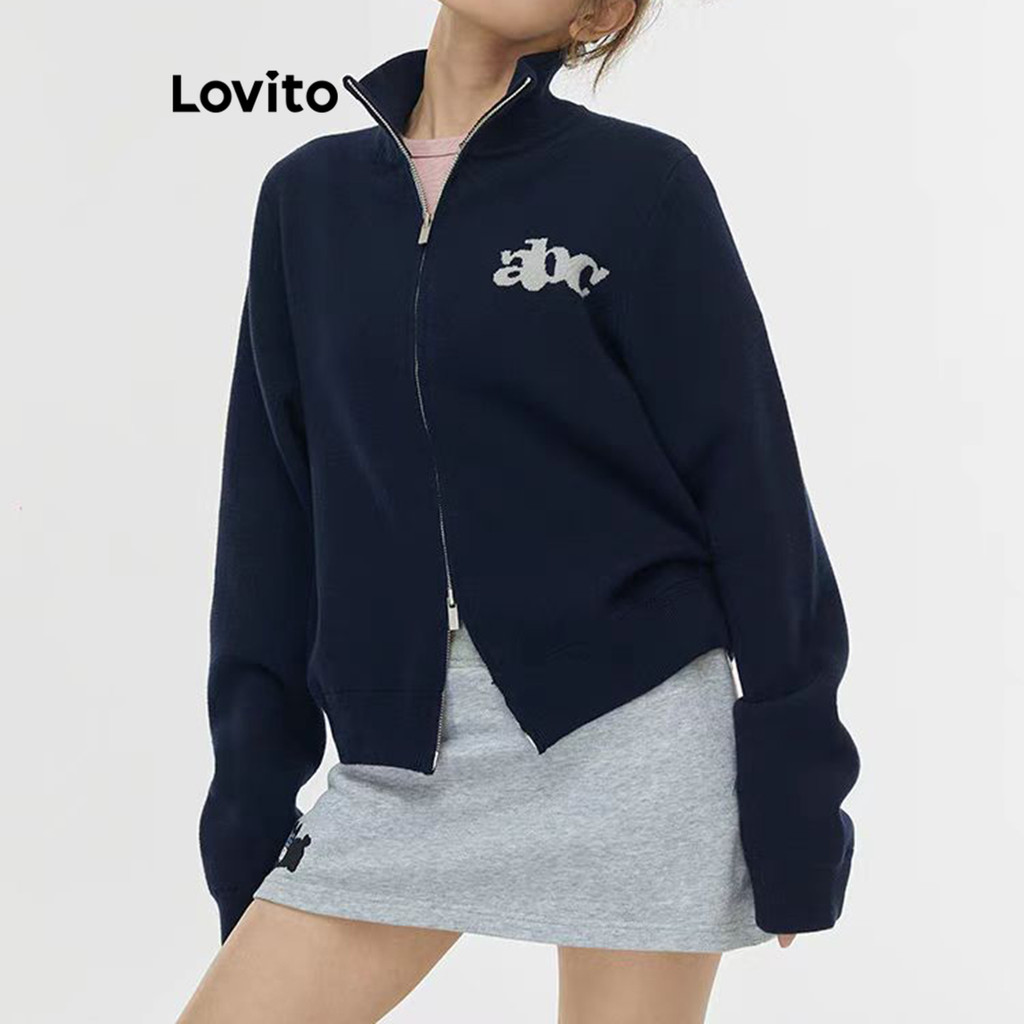 Lovito เสื้อแจ็คเก็ตลายซิปธรรมดาแบบสบาย ๆ สำหรับผู้หญิง LNA83037