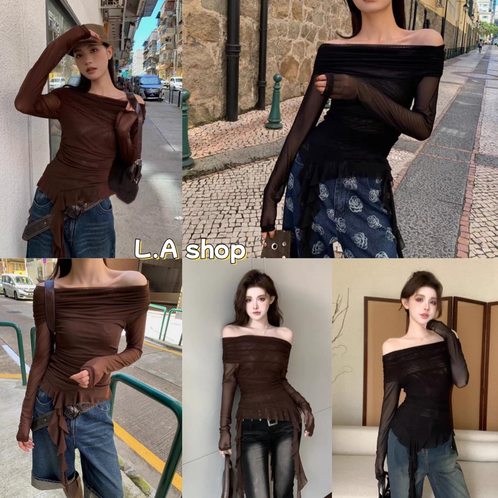 L.A Shop★สไตล์ใหม่★เสื้อเปิดไหล่แขนยาว ยืดใส่สบายมากสีพื้น ยืดตามตัว ปลายปล่อย "FY2750"