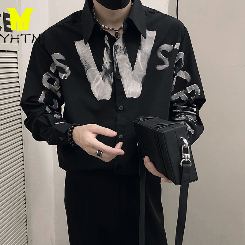 YHTN เสื้อเชิ้ตผู้ชายสีดำ เสื้อเชิ้ตผู้ชาย เท่ๆ เสื้อเชิ้ตลำลองผู้ชาย แฟชั่น เสื้อเชิ้ต เชิ้ตดํา