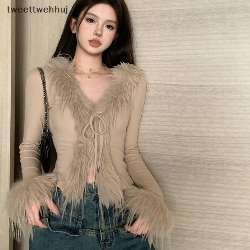 เสื้อสเวตเตอร์ไหมพรมคอวีสาวเกาหลี แขนยาว ไม่สม่ำเสมอ แบบสั้น Slim