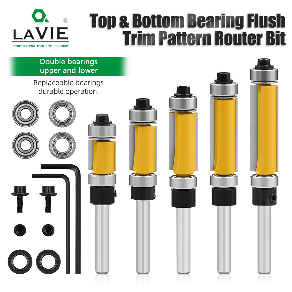 LAVIE 1/4 6.35 มม.แบริ่งคู่ตรง Trim Router Bit Trimming มีด Milling Cutter คาร์ไบด์ Flush งานไม้ชุด 