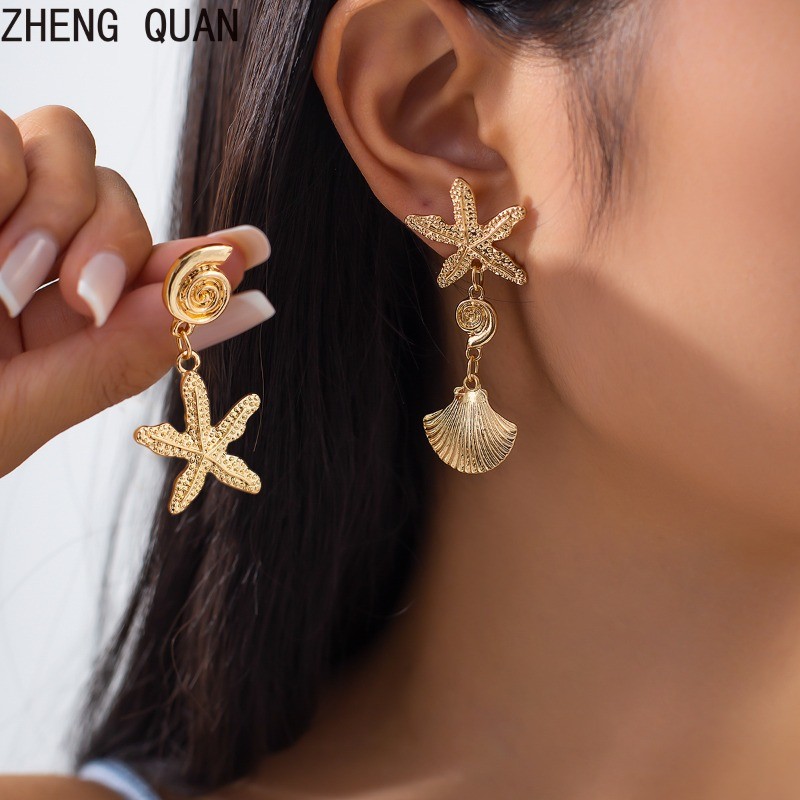 แฟชั่น Gold & Silver Mismatched ต่างหูปลาดาวไม่สมมาตรต่างหู Boho Stud เครื่องประดับสําหรับผู้หญิง
