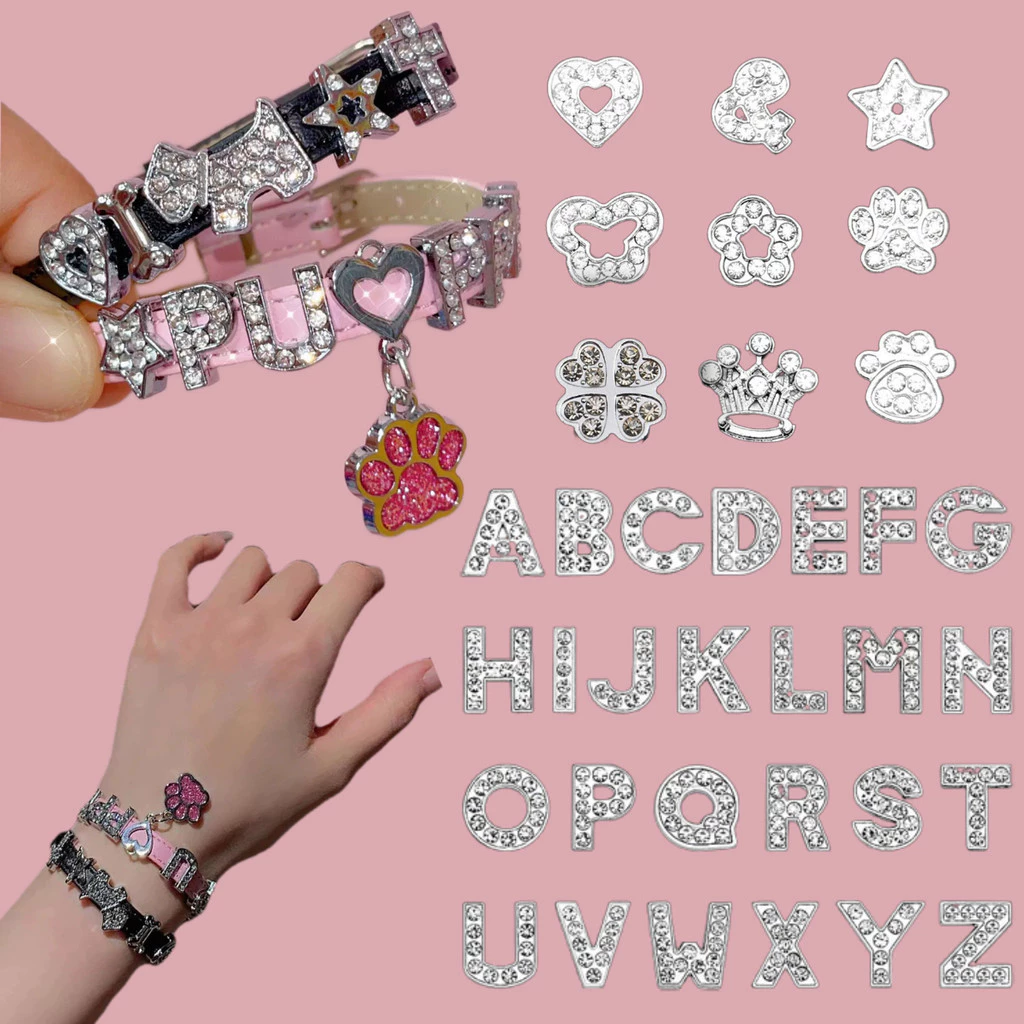 1 PC Silver Shiny Rhinestone สร้อยข้อมือหนังสไลด์ตัวอักษรดิจิตอล Y2K สร้อยข้อมือเครื่องประดับ DIY ปลอกคอสัตว์เลี้ยง