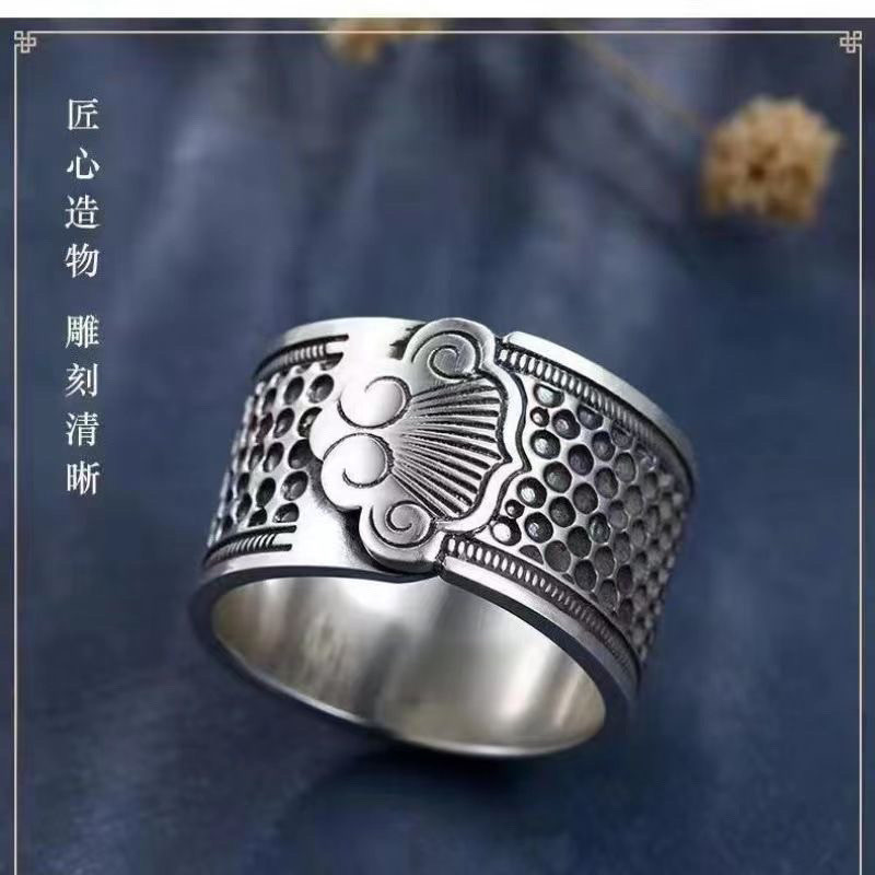 [1300+ คนสั่งซื้อภายในหนึ่งสัปดาห์] S925 เงินบริสุทธิ์วินเทจ 999 แหวนโชคดีกว้างหนาพิเศษ เครื่องมือเย