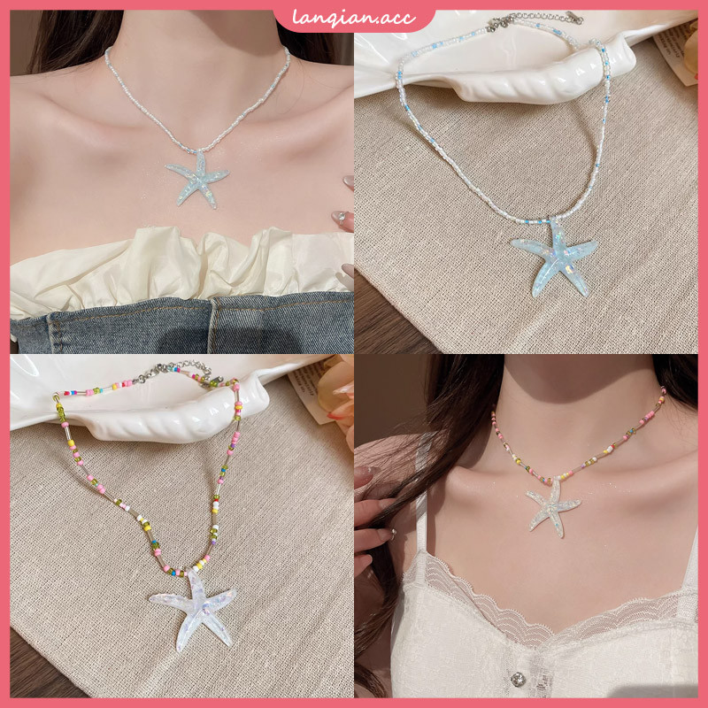 สร้อยคอปลาดาวสีฟ้าฤดูร้อนลูกปัดสีโซ่กระดูกไหปลาร้าริมทะเลวันหยุดสไตล์เครื่องประดับ