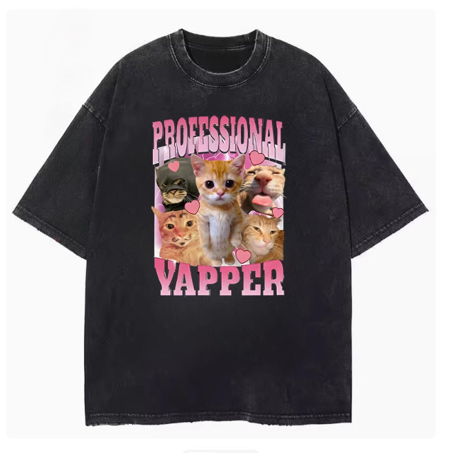 【My-T】🚀 เสื้อฟอก เสื้อยืดผู้ชาย "CAT YAPPER" พิมพ์ลาย ผ้าCOTTON โคตรนุ่ม OVERSIZE เสื้อคอกลม