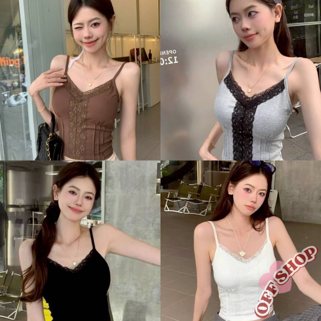 OFF SHOP 🥻ใหม่ 2025 เสื้อสายเดี่ยว มีฟองน้ำ สีพื้นแต่งลูกไม้ ' FY10104