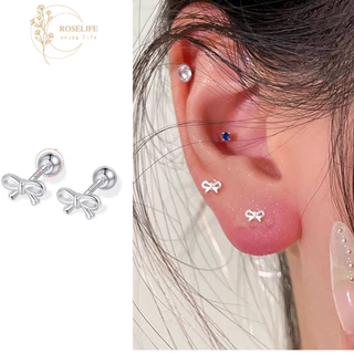 Roselife 1 คู่ S925 เงิน Mini Bow สกรูต่างหูผู้หญิง Pierced หู Studs เครื่องประดับ