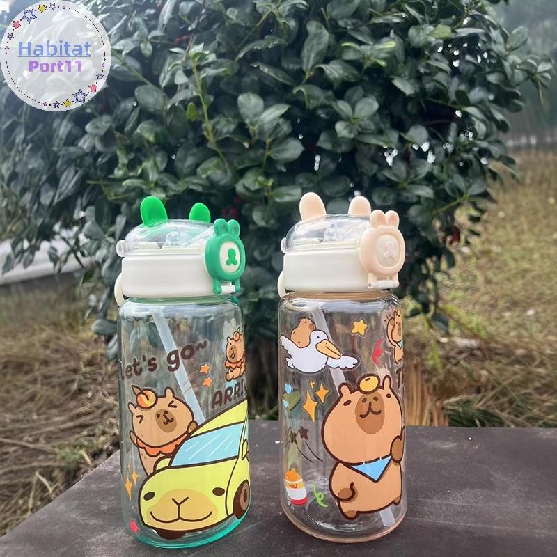 HabitatPort Capybara การ์ตูน 500ml แบบพกพาขนาดใหญ่ความจุขวดน้ํากีฬาถ้วยฟางนักเรียนถ้วยน้ําพลาสติกขวดน้ํา th