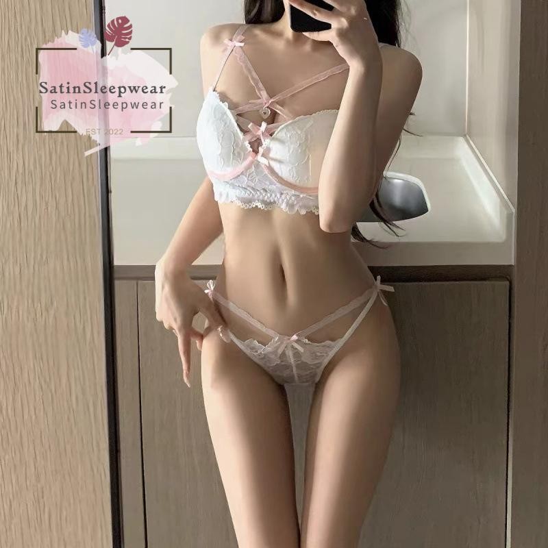 SatinSleepwear🍥🍥เซตชุดชั้นในผู้หญิง ชุดเสื้อชั้นในลูกไม้ 2 ชิ้น💖💖 มีให้เลือกหลากหลายสี วัสดุลูกไม้ การตกแต่งโบว์.