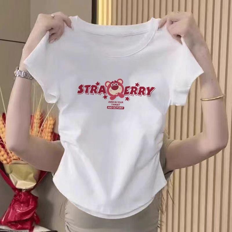 ฤดูร้อนใหม่ คอกลมแขนสั้นทรงสลิมฟิตแสดงผอมเสื้อยืดครอปเสื้อรัดรูปเสื้อครอปฤดูร้อนอเนกประสงค์บางบางสาวอวบใส่ได้ คอกลม