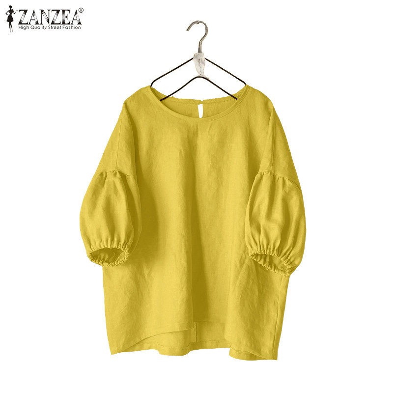 ZANZEA ซานเซีย ผู้หญิงเกาหลีลําลองหลวมรอบคอแขนโคมไฟครึ่งแขนเสื้อ