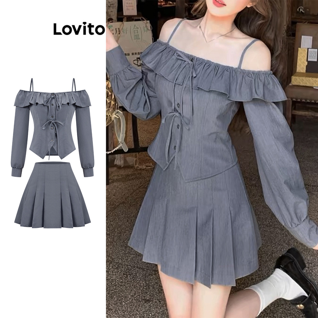 Lovito ชุดกระโปรงผูกโบว์ด้านหน้าสีพื้นน่ารักสำหรับผู้หญิง L110AD054