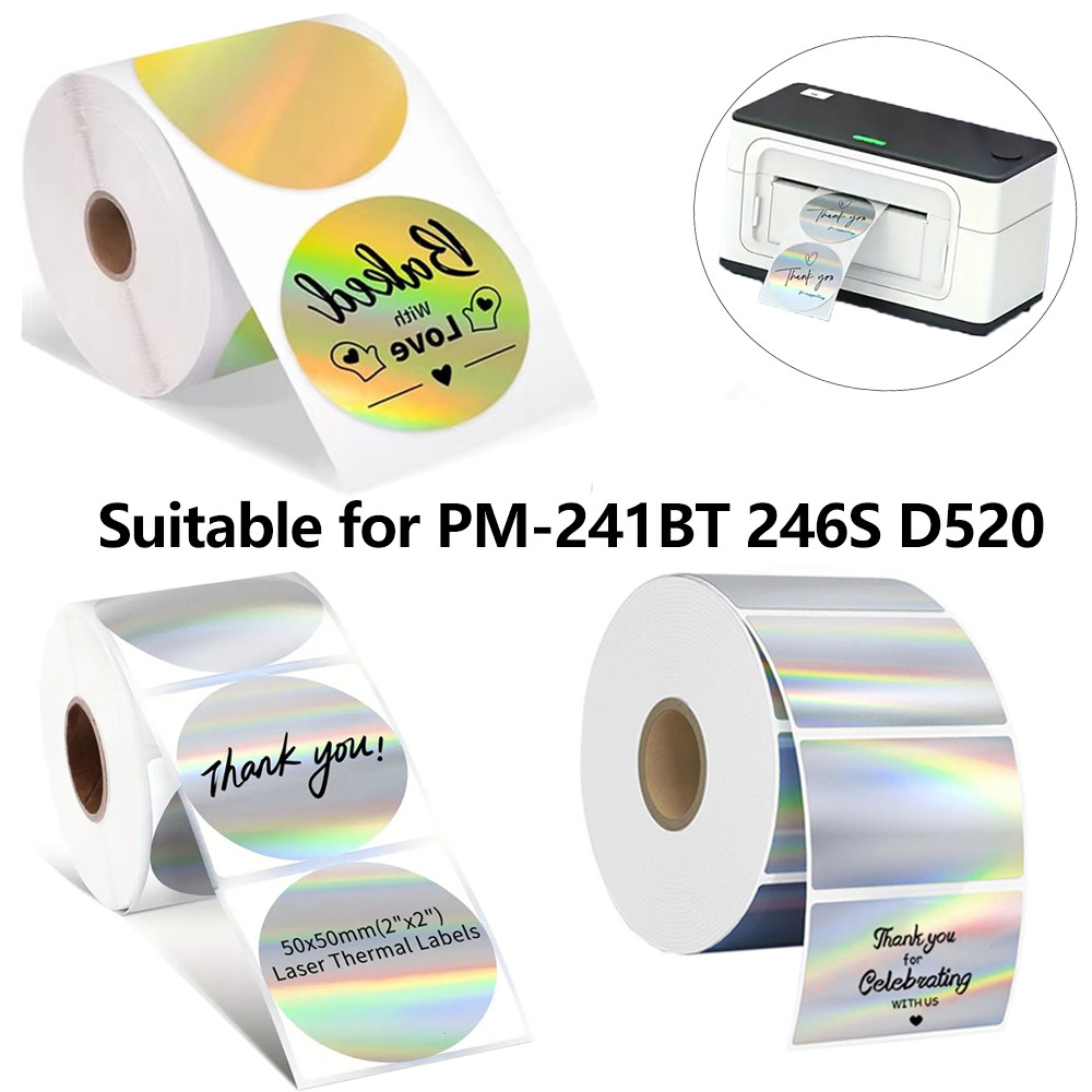 Holographic สีชมพู 50X50 มม.สติกเกอร์ความร้อน DIY ป้ายซีลสําหรับการ์ดเทศกาลหัตถกรรมตกแต่งสําหรับ Phomemo 241BT 246S D520